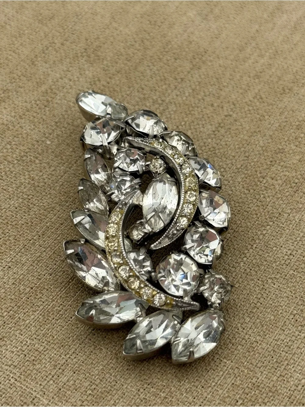 Vintage Crystal Crescent Statement Brooch - Silver Tone